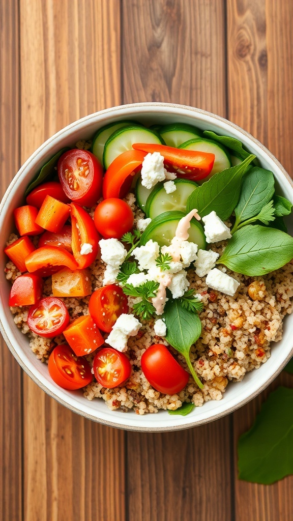 Mediterranean Quinoa Bowls with Roasted Red Pepper Sauce A colorful Mediterranean quinoa bowl with roasted vegetables, feta cheese, and red pepper sauce on a wooden table.
